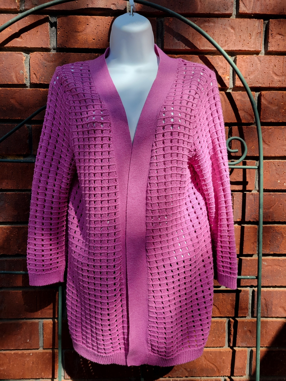 Nouveaux Open-Front Crochet Knit Cardigan - Fuchsia Pink 3/4 Sleeves Size S